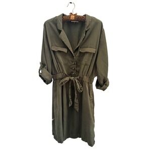 Dex Womens Olive Green Tencel Utility Shirt Dress Roll Tab Sleeve Size Large